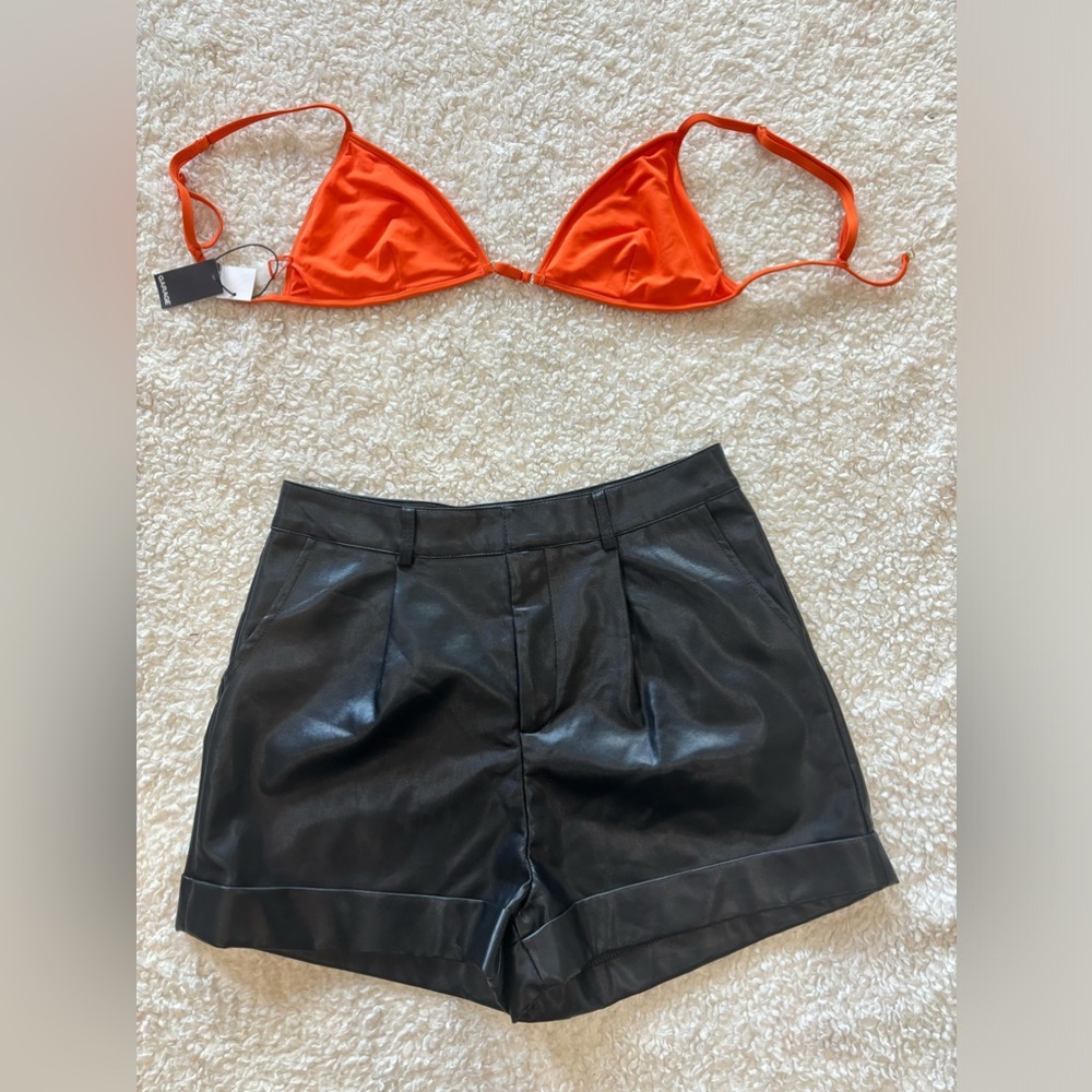 Faux leather shorts and triangle bikini top